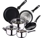 Batería de cocina sip 5 piezas (cazo + dos ollas con tapa de vidrio) con set de 3 sartenes ø16/20/24 cms., inducción