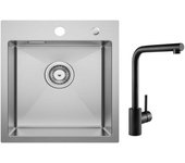 Cecipa max fregadero de cocina 1 seno 40 × 45 cm fregadero de acero inoxidable cepillado + mezclador de fregadero giratorio 360° negro