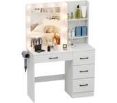 Costway mesa de maquillaje con espejo y luz, tocador de maquillaje con estación de carga, vanity de maquillaje con cajones y estantes abiertos, blanco