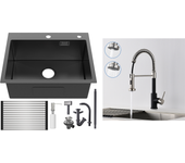 Fregadero cocina1bac 58*45*18cm,con escurridor fregadero enrollable/distribuidor jabón+grifero cocina resorte con ducha extensible,negro