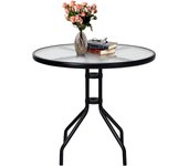 Costway mesa redonda jardin φ70x71cm, tablero de vidrio templado y patas de metal resistentes, agujero de sombrilla φ4cm, mesa jardin terraza balcon e