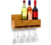 Relaxdays botellero vinos pared, estante 4 botellas y 4 copas, 17 x 37 x 11,5 cm, estantería bambú, marrón natural