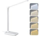Lámpara de mesa de 6 w, lámpara de escritorio led, lámpara de lectura, 5 temperaturas de color y 5 niveles de brillo — blanco (modelo enchufable)