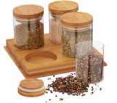Relaxdays especiero con 4 botes, incluye tapa, cristal y bambú, organizador especias con soporte, natural/transparente