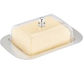 Relaxdays mantequera con tapa, mantequillera acero inox. y plástico, bandeja mantequilla 7x18,5x12cm, plata/transparente