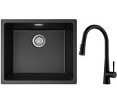 Cecipa max fregadero 1 seno de cuarzo y resina negro gris 50*44*20cm + mezclador de cocina con ducha extraíble con 3 modos de salida de agua negro
