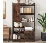 Librería de 6 estantes con una puerta y 2 cajones - 100 x 30 x 173,5 - tablero de partículas y metal - marrón + negro