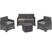 Conjunto como, salón de polipropileno tejido efecto ratán con sofá de 2 plazas, 2 sillones y mesa contenedora antracita