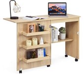 Costway mesa maquina de coser plegable, 2 en 1 mueble maquina coser con 3 compartimientos, 1 estante de almacenamiento y 5 ruedas bloqueables, mesa de