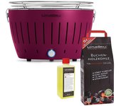 Barbacoa morada con pilas y cable de alimentación usb + carbón de haya 2,5kg + gel combustible 500ml - lotus grill