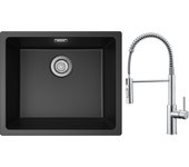 Cecipa max fregadero 1 seno de cuarzo y resina negro gris 50*44*20cm + mezclador de cocina con muelle cepillado y ducha extraíble