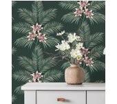 Papel pintado de hojas de palmera con flores estilo tropical color verde oscuro - malibu palms 682364 de gaulan - rollo de 10 m x 0,53 m