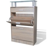 Zapatero con cajón y tapa de cristal aspecto madera de roble