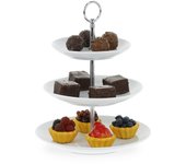 Relaxdays soporte tartas 3 pisos, redondo, platos cupcakes, galletas, fruta, brownie, porcelana y metal, blanco/plateado
