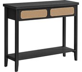 Mesa de consola estilo boho para recibidor y salón, estrecha con 2 cajones, estante abierto, esquinas redondeadas, negro ceniza