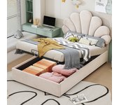 Cama infantil acolchada de 90 x 200 cm, con cabecero de flores y somier de láminas, beige