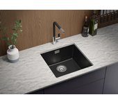 Primagran fregadero bajo encimera negro metallic 46x47cm, fregadero cocina 1 seno + sifón, fregadero granito al mueble 50cm - london
