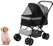 Vevor cochecito para perros giratorio de 4 ruedas con freno, peso 44 libras, con asa reversible, cesta de almacenamiento y cremallera, negro y gris