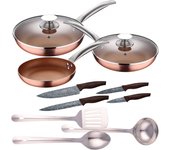 Set 5pc sartenes (con tapa) aluminio prensado inducción con set 3 pc utensilios cocina acero inoxidable con set 4pc cuchillos acero inoxidable