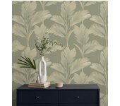 Papel pintado hojas de palma tropical color beige sobre fondo verde mate - areca 683586 de gaulan - rollo de 10 m x 0,53 m