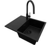 Primagran fregadero granito todo negro 62x50cm, fregadero cocina 1 seno + grifo 40x22cm + sifón, fregadero sobre encimera al mueble 45cm - ibiza
