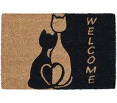 Relaxdays felpudo fibras de coco, 60x40cm, alfombrilla puerta entrada, gatos románticos, antideslizante, natural y negro