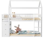 Cama litera para niños 90x200 cm, forma de casa, diseño con barrera de seguridad, con cómoda