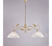 Lámpara de araña en hierro lacado en marfil con dec. difusores de oro antiguo y cristal d. 30 alabastro blanco 2 luces l. 96 x 30
