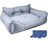 Cama para mascota 75x60x25cm poliester gris y abrigo para mascotas 35cm azul