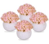 Relaxdays 4 flores artificiales en maceta, plantas de plástico decorativas, centro de mesa, 11 x 11 cm, rosa/gris
