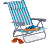 Relaxdays tumbona playa plegable, reclinable, 8 niveles, silla piscina reposacabezas, abrebotellas, rayas, azul y blanco