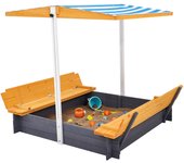 Succebuy caja de arena de madera con toldo, 57,3 x 47,2 x 47,2 pulgadas, arenero para niños con bancos plegables y forro inferior para exterior