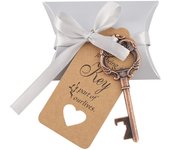 Abridor de botellas con forma de llave de bronce vintage con etiquetas, tarjeta, cinta de seda, decoración para festivales de bodas (50 piezas + c