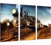 Locomotora vintage, tren antiguo, vias, impresión fotográfica sobre madera, cuadro moderno decorativo