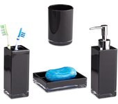 Relaxdays juego de accesorios de baño moderno, plástico, negro, 4 piezas