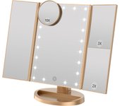 Espejo de maquillaje con brillo ajustable, 22 luces led y aumentos de 1x/2x/3x, con doble fuente de alimentación (oro champán)