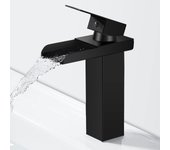 Grifo de baño moderno de latón negro, mezclador de lavabo en cascada, con agua fría y caliente, con manguera de entrada de agua de 80 cm.