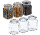 Relaxdays botes cristal con tapa, set de 6, vidrio, 750 ml, recipientes cuadrados, tarros herméticos, transparente