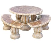 Comedor de jardín mesa redonda y bancos en hormigón piedra 120cm. azalea con azulejos