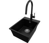 Primagran fregadero granito negro 38x50cm, fregadero cocina 1 seno + grifo 40x22cm + sifón, fregadero sobre encimera al mueble 40cm - riga