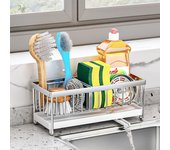 Soporte para esponja para fregadero de cocina, soporte para esponja de acero inoxidable 304 con bandeja de drenaje extraíble, gris
