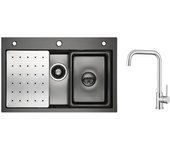 Fregadero de cocina 1 seno 70×45×21,5 cm + escurridor + lavabo + dosificador de jabón + mezclador de cocina de acero inoxidable cepillado