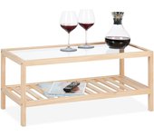 Relaxdays mesa de centro con tablero cristal, mesita sofá con estante, madera de pino, salón, 35x80x40 cm, natural