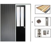 Puerta corrediza de taller negra vidrio esmerilado al204 x l73 + sistema de bolsillo y kit de acabado incluidos