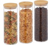 Relaxdays botes cristal 1600 ml, set 3, recipientes cocina grandes, tapa bambú, tarros herméticos, transparente/natural