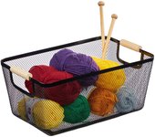 Relaxdays cesta de almacenaje asas madera, rectangular, caja organizadora metal, 16,5x37x22,5cm, cocina, baño, negro