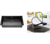 Fregadero cocina 1 bandeja 74*44*20cm, en inox cepillado con siphon y trop-plein + mezclador de cocina de acero inoxidable 304 plegable, negro
