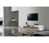 Gregorio mueble tv, aparador bajo de salón con 4 puertas, base para mueble televisión, 100% made in italy, 260x43h46 cm, blanco brillo y arce