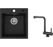Fregadero de cocina negro 40x45 cm en cuarzo y resina fregadero de 1 seno + mezclador de cocina plegable negro