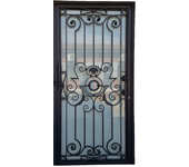 Puerta de entrada doble, metálica, para exterior, de una hoja, de hierro forjado, hecha a mano, viveidea mod. glass noir